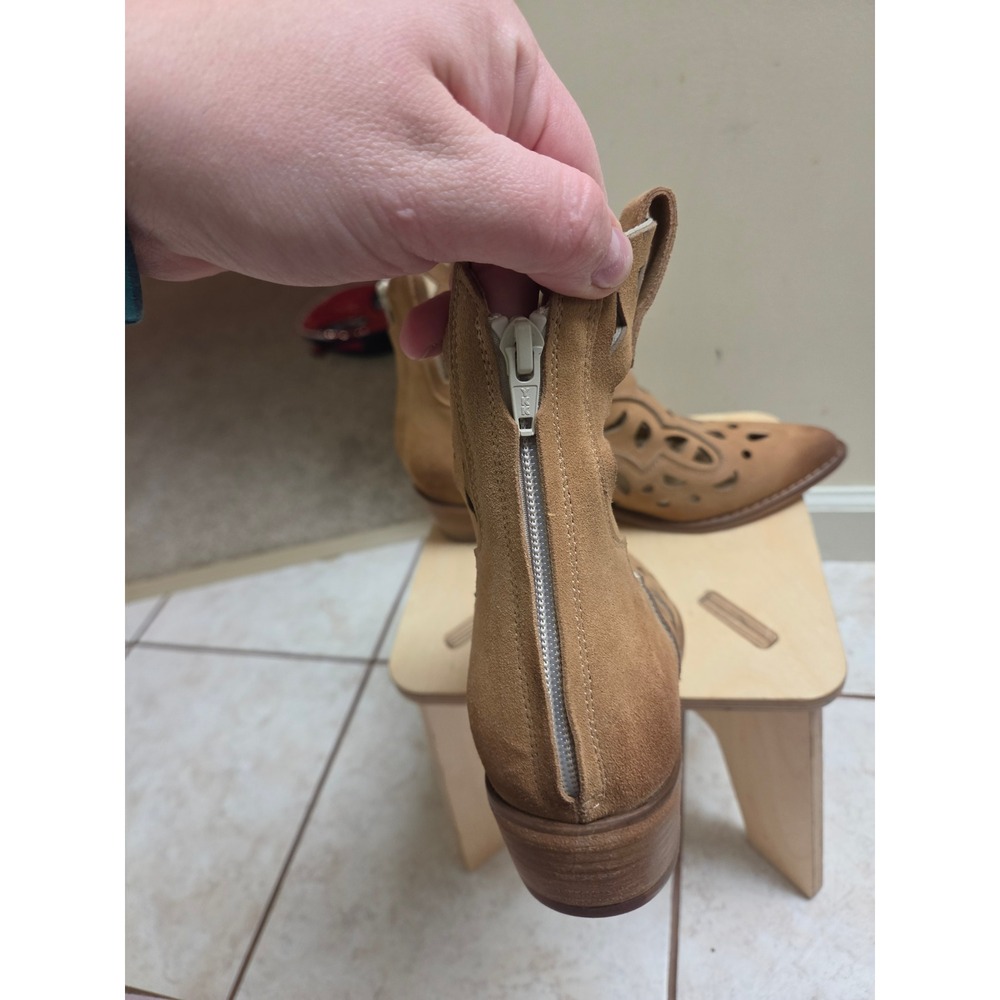 Mimmu Italy Suede Laser Cut Out Western Ankle Boots Tan Leather Size 38 - Picture 6 of 6